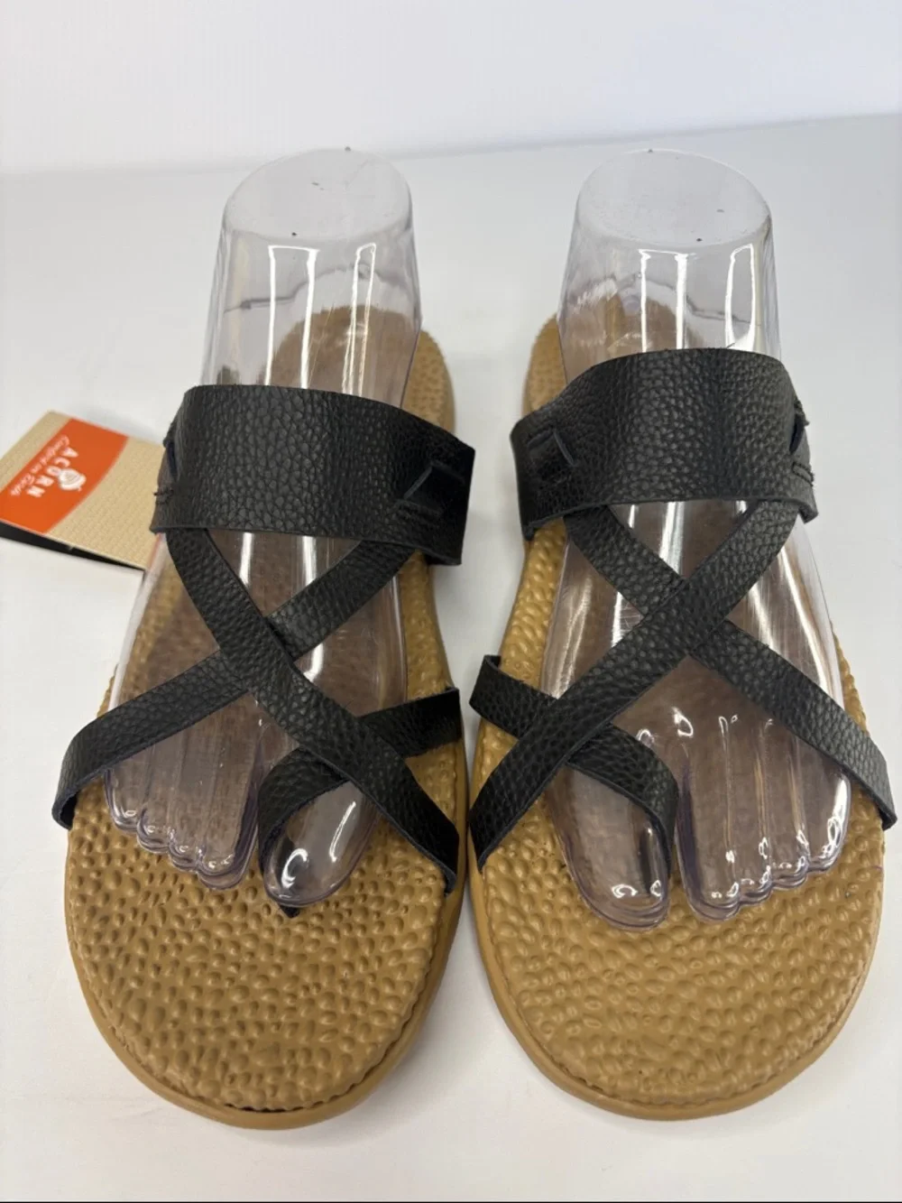 NWT Acorn Black Leather Crisscross Strap Slide Sandals